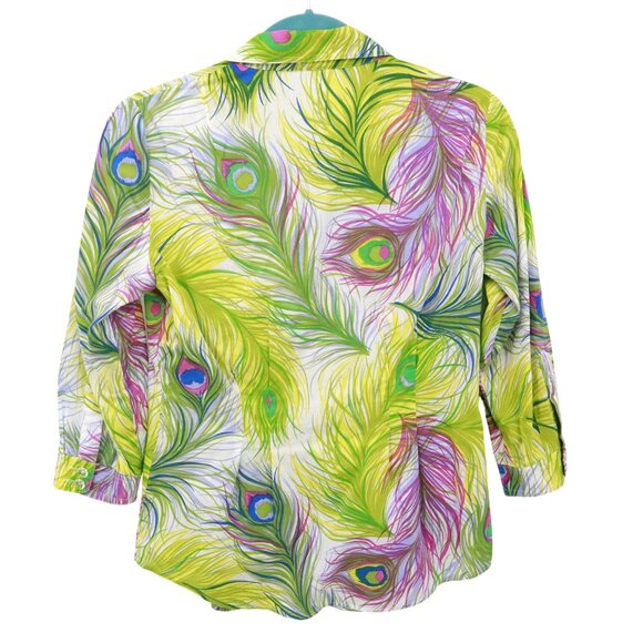 Nanette Lepore Peacock Print Top Women 2 White Boho Unique Artsy Creative Whimsy - Picture 3 of 16